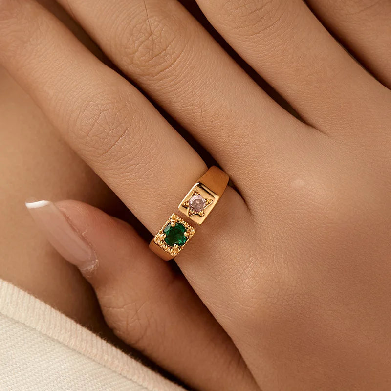 Personalized 18k Gold Plated Exquisite Zircon Ring with Opening Design European American Style Elegant Women Finger Ring