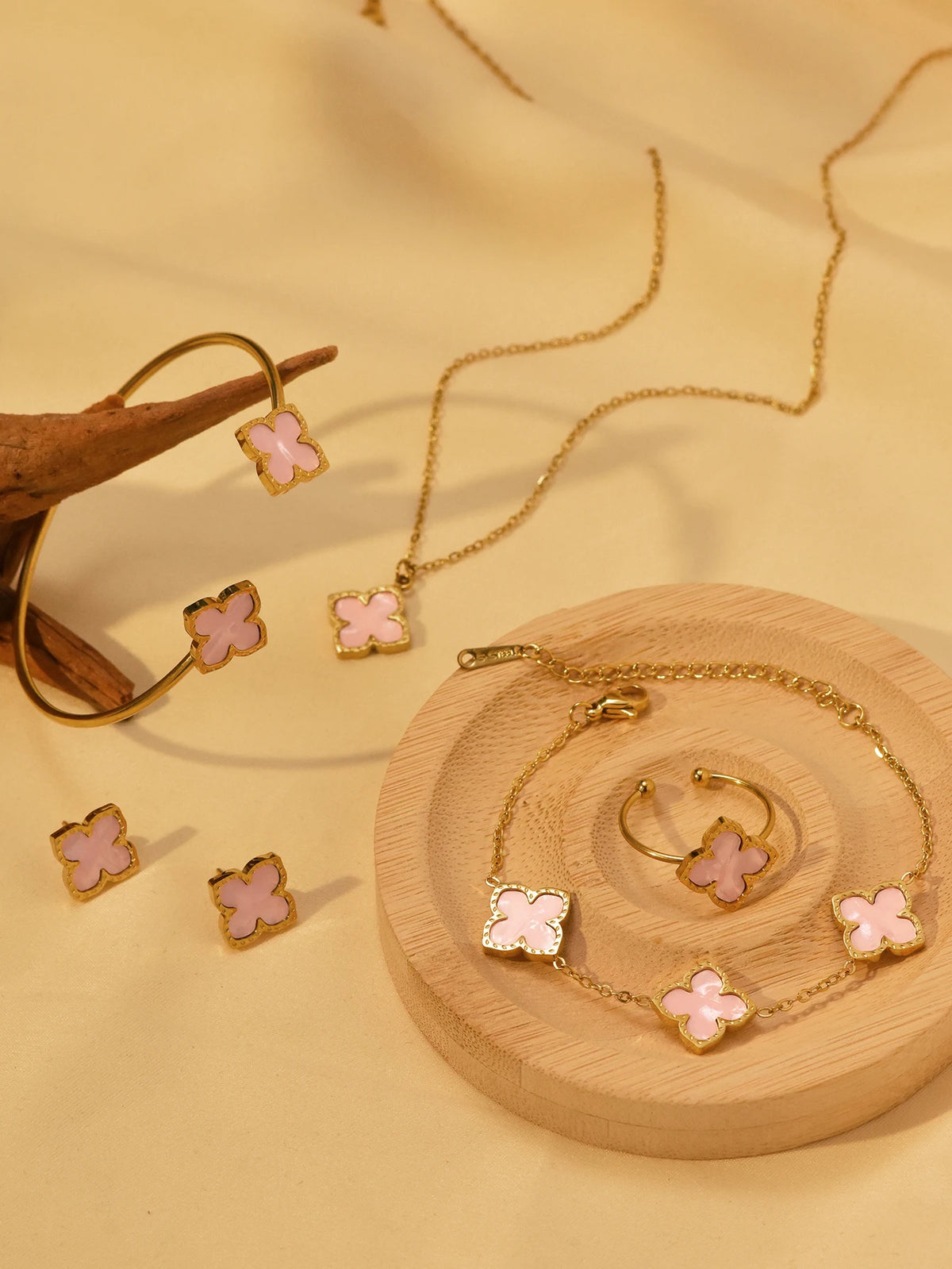 6 Pcs Clover Necklace, Bracelet, Bangle, Earring & Ring Jewelry Set