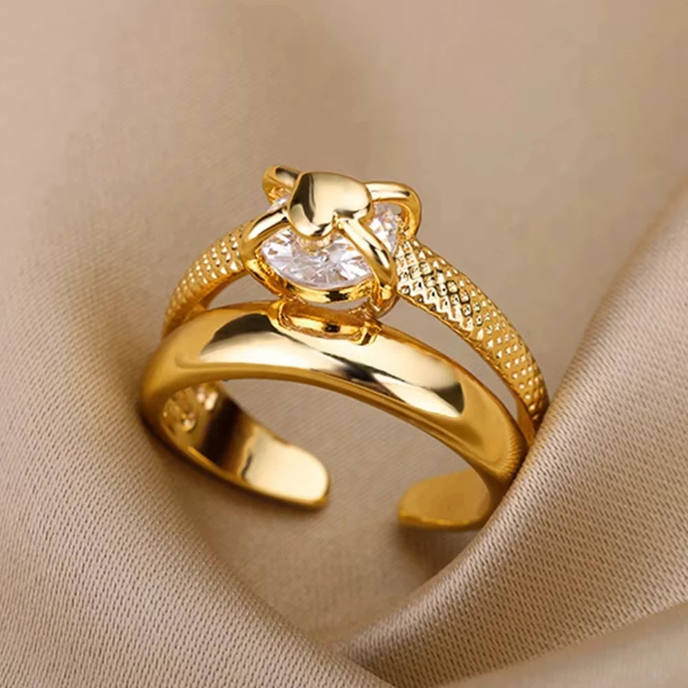 Gold-Plated Stainless Steel Crystal & Geometric Chain Ring