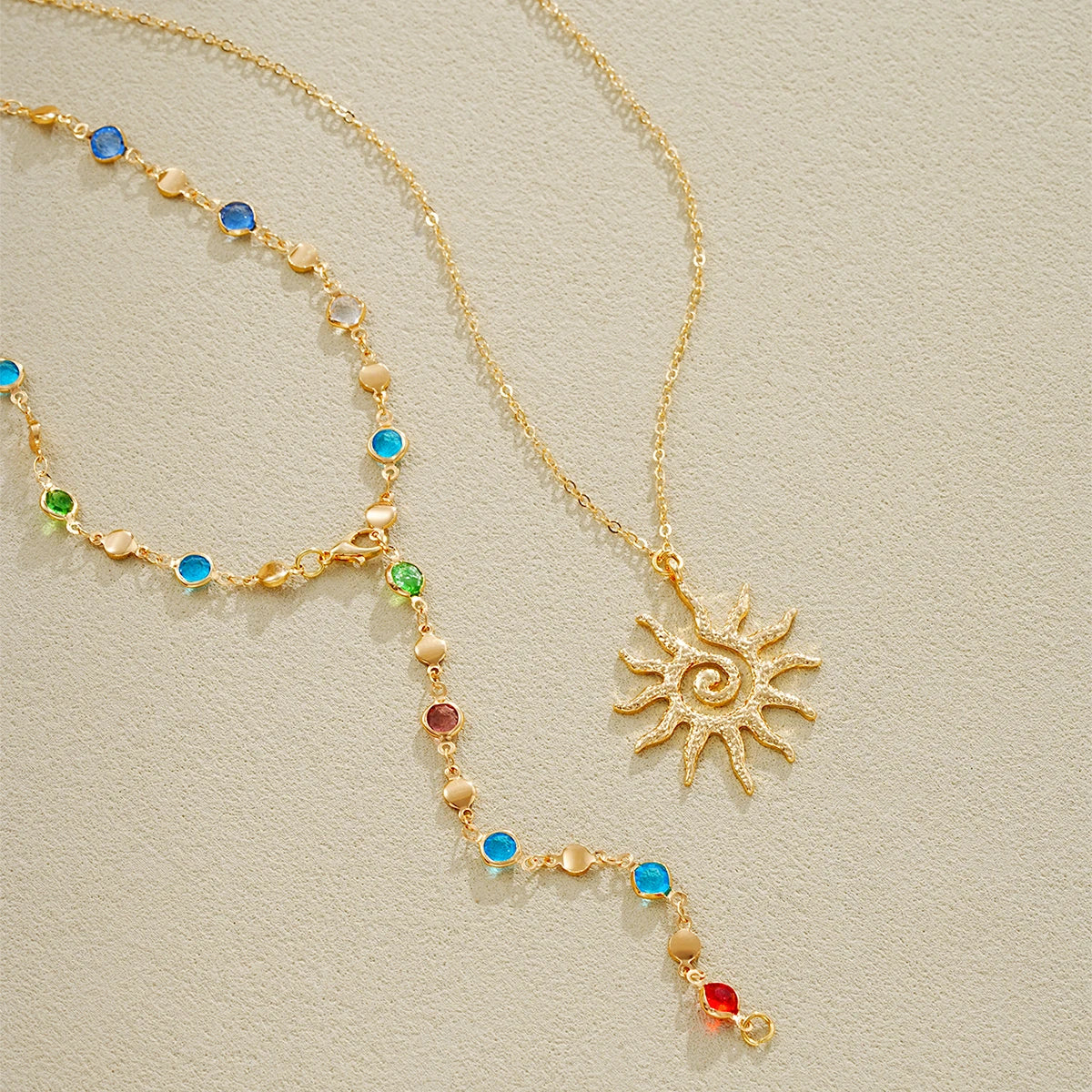 Trendy Sunflower Crystal Y-Shaped Tassel Necklace Set, 2 Pcs/Set