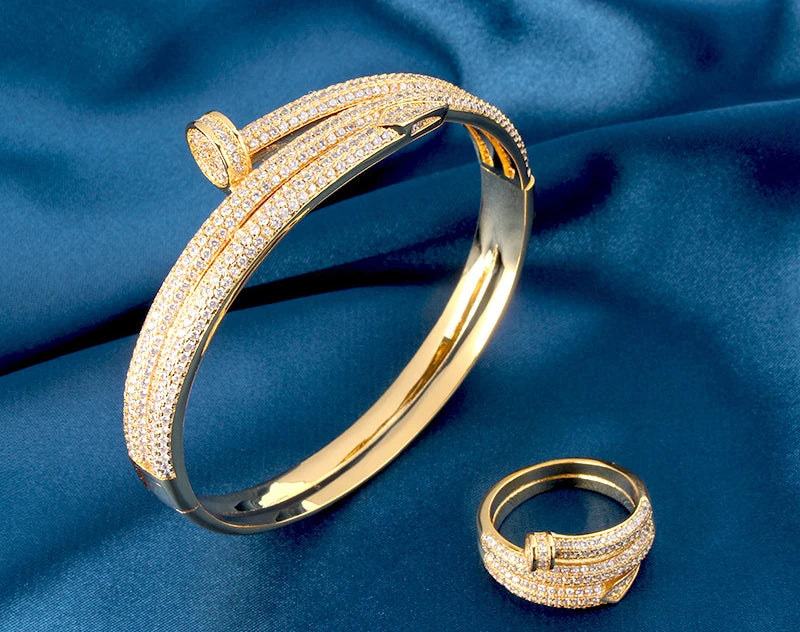 Women Luxury Geometry Cubic Ziron Engagement Bridal Statement  Bracelet Ring Jewelry copper Lady Gift