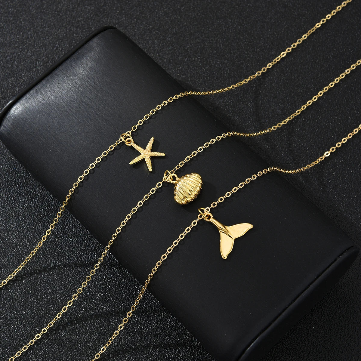 Vintage Summer Beach Starfish, Shell & Fishtail Pendant Necklace Set, 3 Pcs/Set