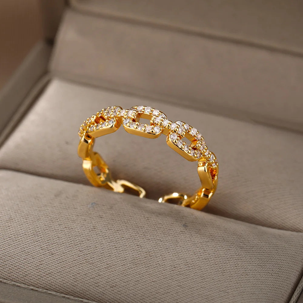 Zircon Geometric Rings For Women Gold Color Stainless Steel Opening Ring Luxury Wedding Party Aesthetic Jewerly Gift Femme 2024