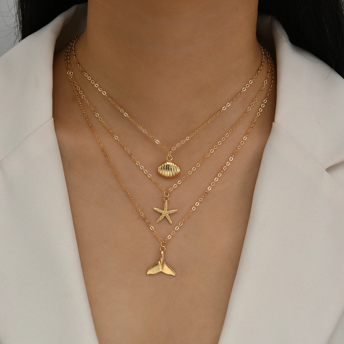 Vintage Summer Beach Starfish, Shell & Fishtail Pendant Necklace Set, 3 Pcs/Set