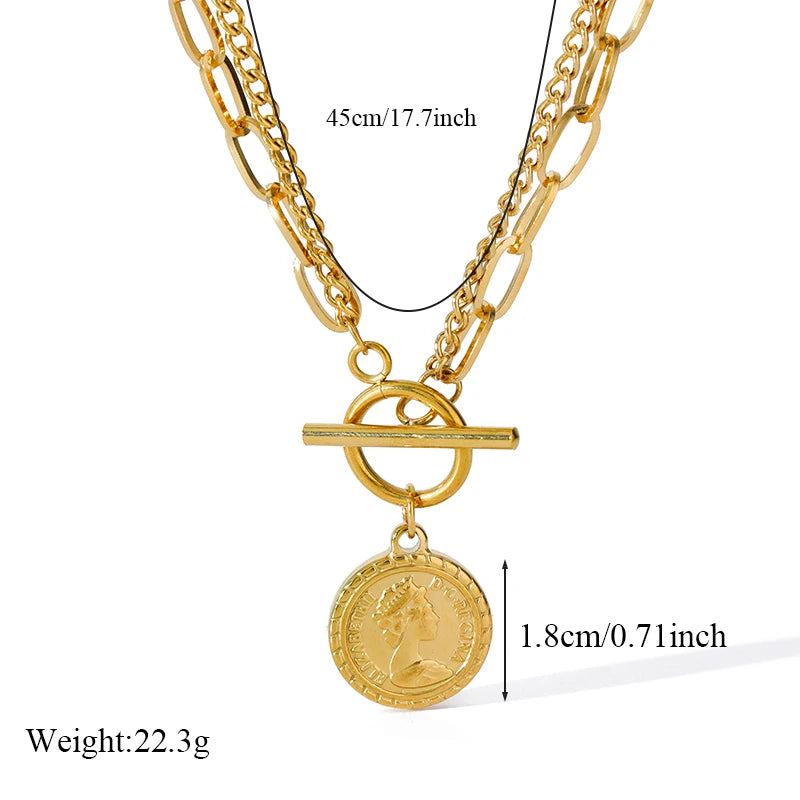 EILIECK 316L Stainless Steel Gold Color Portrait Coin Necklace Bracelets Set For Women New Trendy OT Buckle Waterproof Jewelry