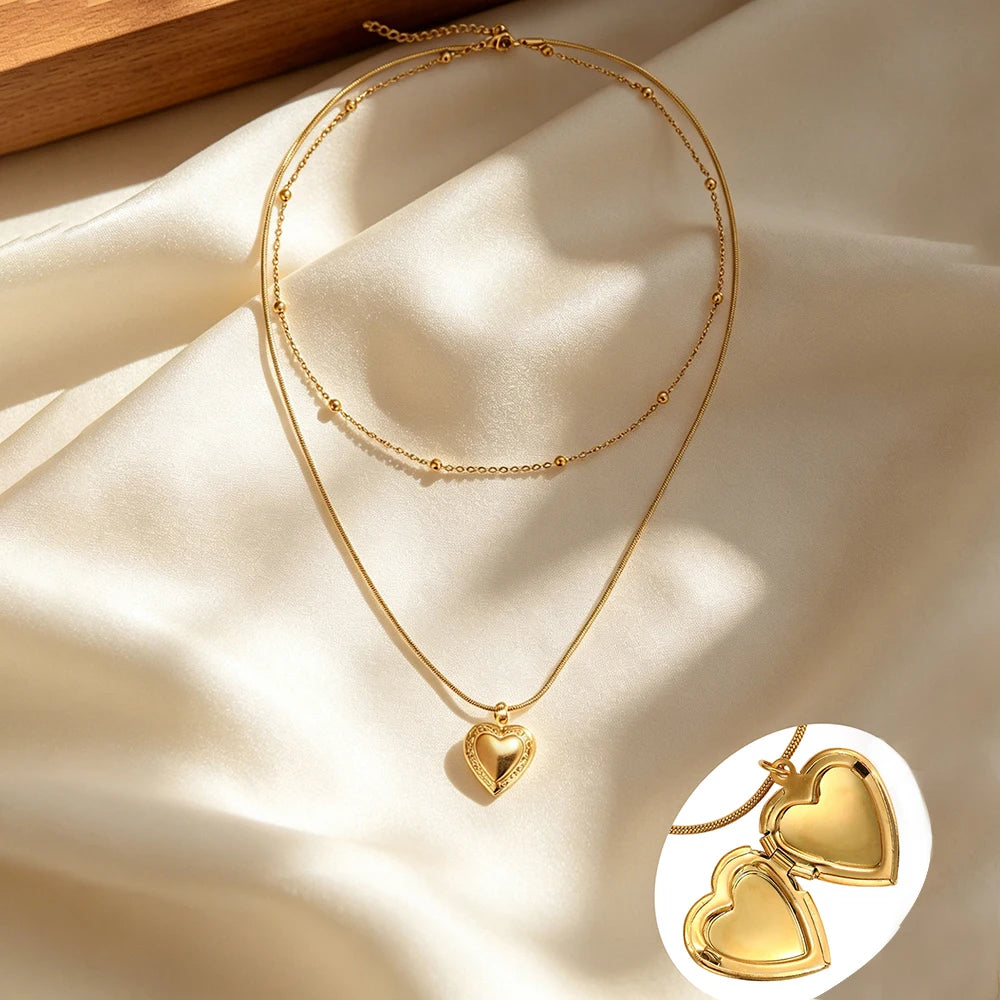 1pc Double-layer Heart Locket Necklace,Openable Photo Pendant&Ball Chain,Elegant Aesthetic For Girls,Everyday&Party Accessories