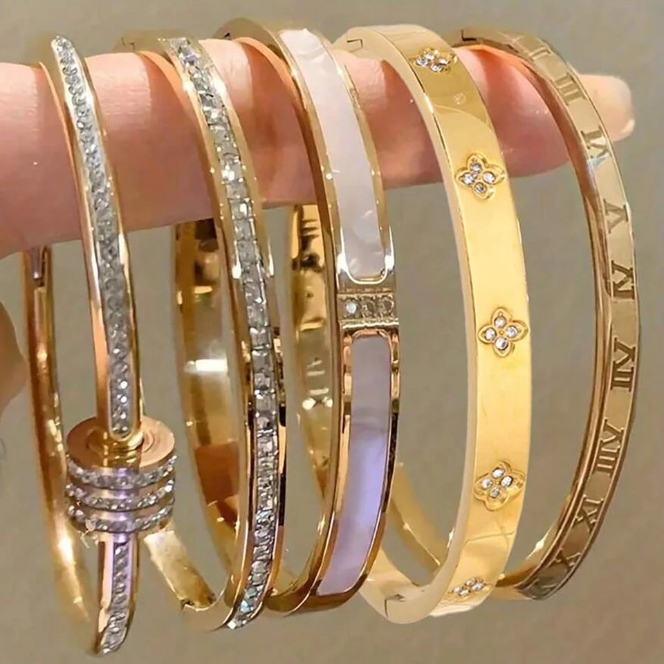 Sparkling Zirconia-Inlaid Stainless Steel Stackable Bracelet Set