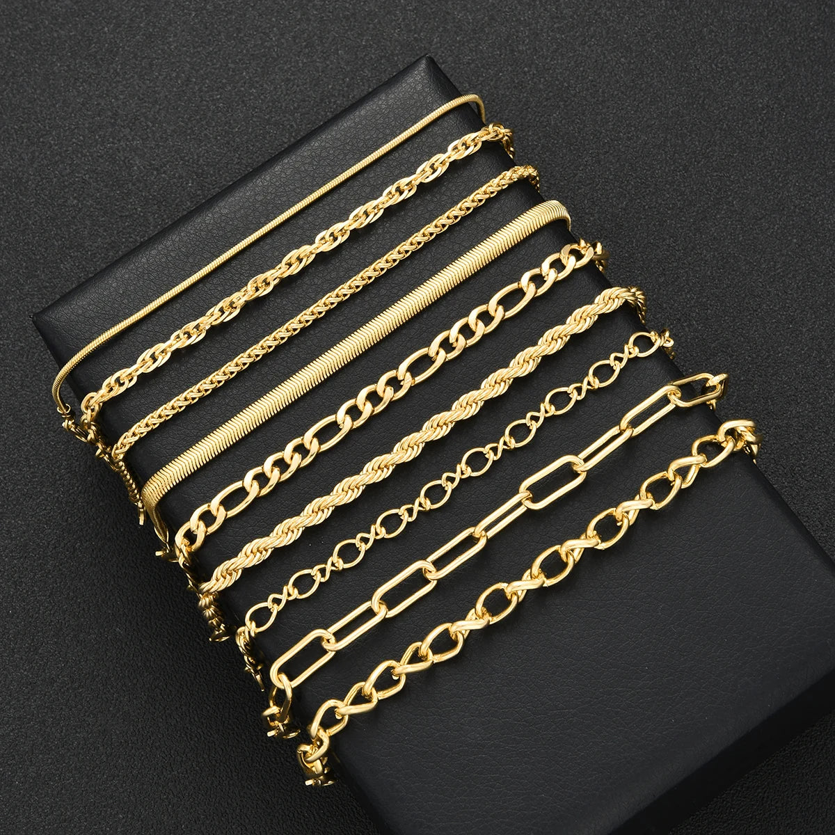Simple Punk Chunky Chain & Snake Twisted Metal Bracelet Set, 9 Pcs/Set