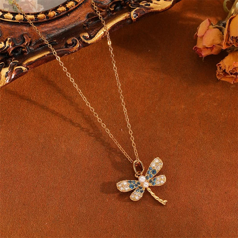 EILIECK 316L Stainless Steel Dragonfly Rhinestone Pearl Necklace Earrings Set For Women Trendy Gift Luxury Waterproof Jewelry