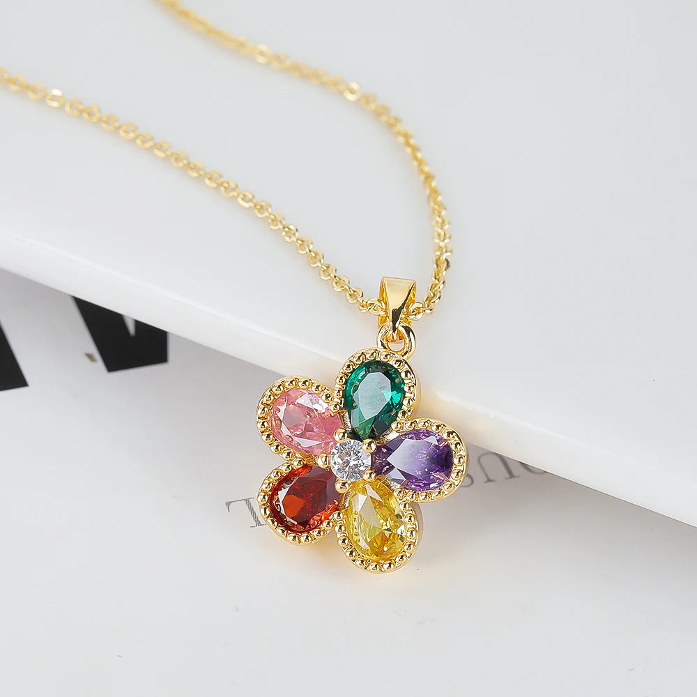 2PC Glass Crystal New Sweet Pendant Necklace Earrings Plum Blossom Five Leaf Flower Luxury Plant Women's Gift Clover