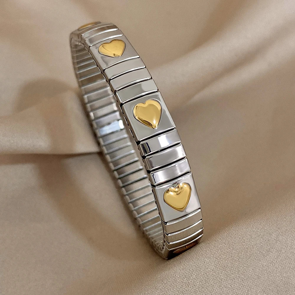 Waterproof Stainless Steel Patterned Love Heart & Flower Bangle