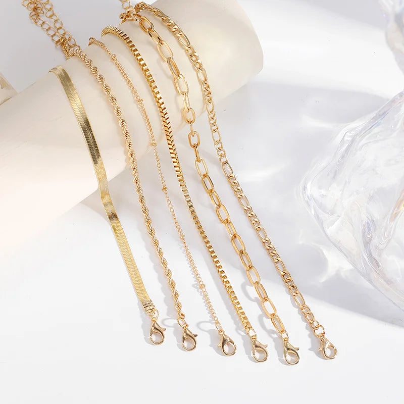 6Pcs Vintage Gold Multilayer Adjustable Anklet Set