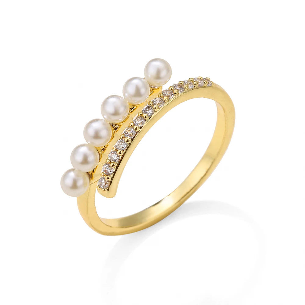 Korean Fashion Gold-Color Round Small Pearl & Shiny Zircon Minimalist Open Ring