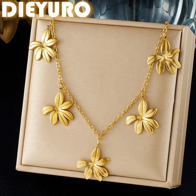 DIEYURO 316L Stainless Steel Elegant Luxury Golden Irregular Flowers Pendant  Necklace Lady Classic Waterproof Neck Chain Gift