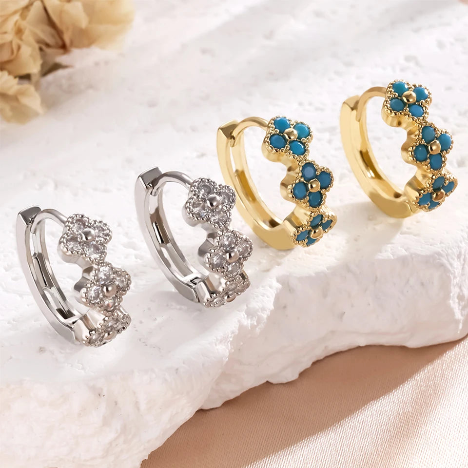 New Classic Turquoise Flower & Blue Four-Leaf Clover Hoop Earrings