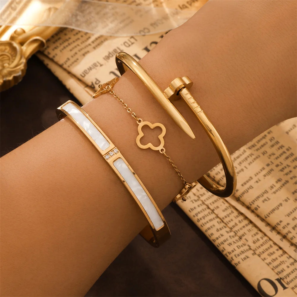 3pcs/2pcs Stainless Steel Four-Leaf Clover Stacked Bracelets Set 18K Gold Plated Couple Jewelry Lucky Charm Holiday Gift