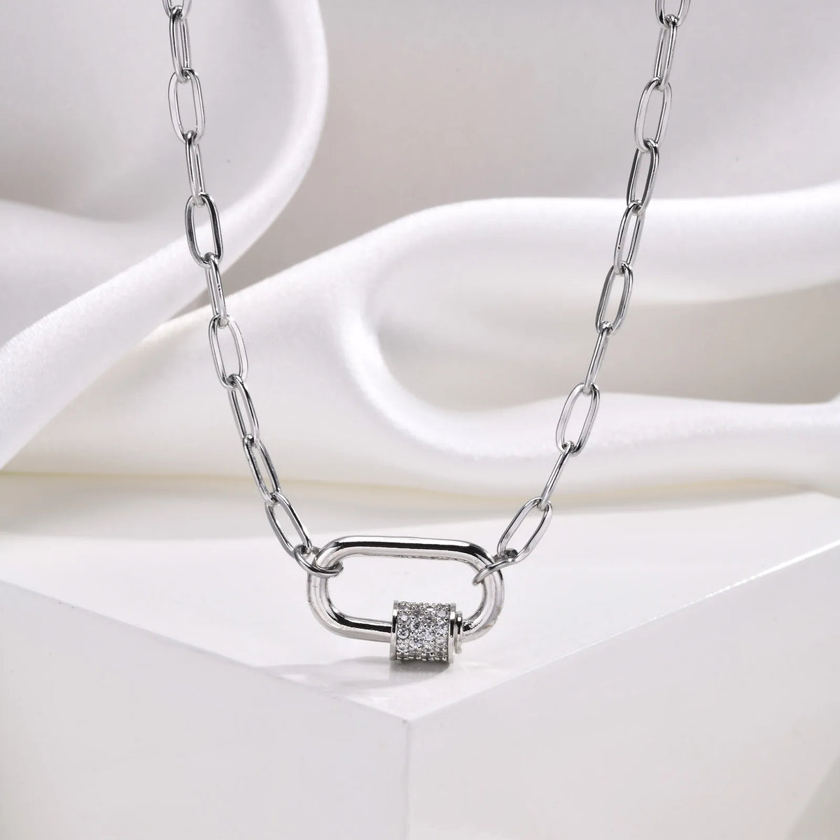 Carabiner Necklace 18K Gold Plated Stainless Steel Paperclip Link Chain Pave CZ Lock Pendant Tarnish Free Jewelry