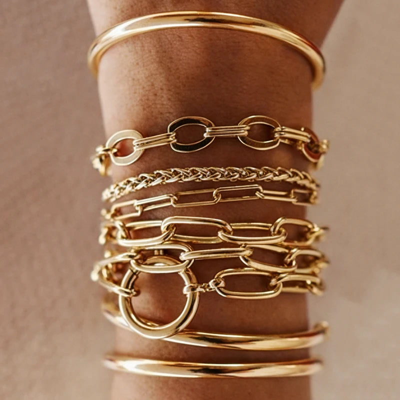Chunky Minimalist Paperclip & Oval Link Stackable Open Bangle Bracelet Set, 9 Pcs/Set