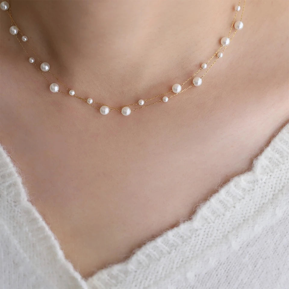 Stainless Steel Waterproof Temperament Pearl Chain Choker Necklace