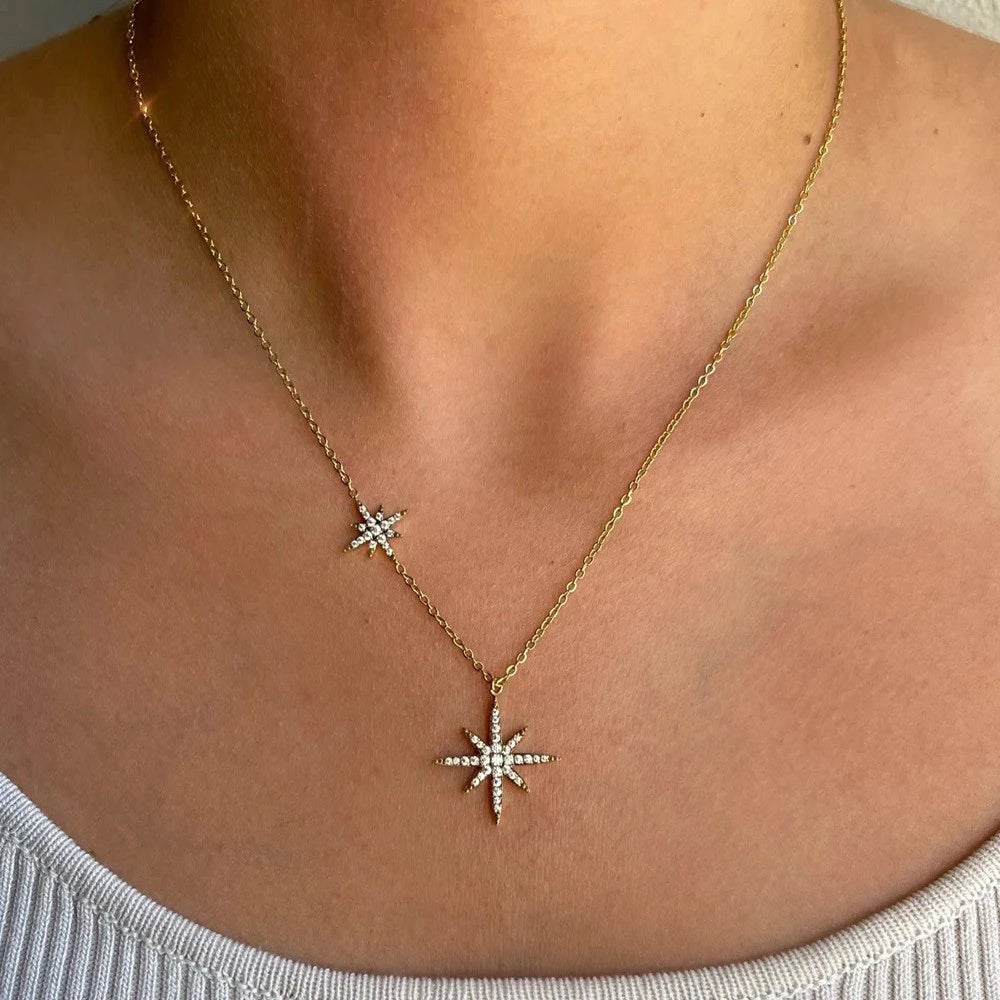A rhinestone eight-pointed star pendant necklace for women, trendy and personalized necklace jewelry, simple female accessories