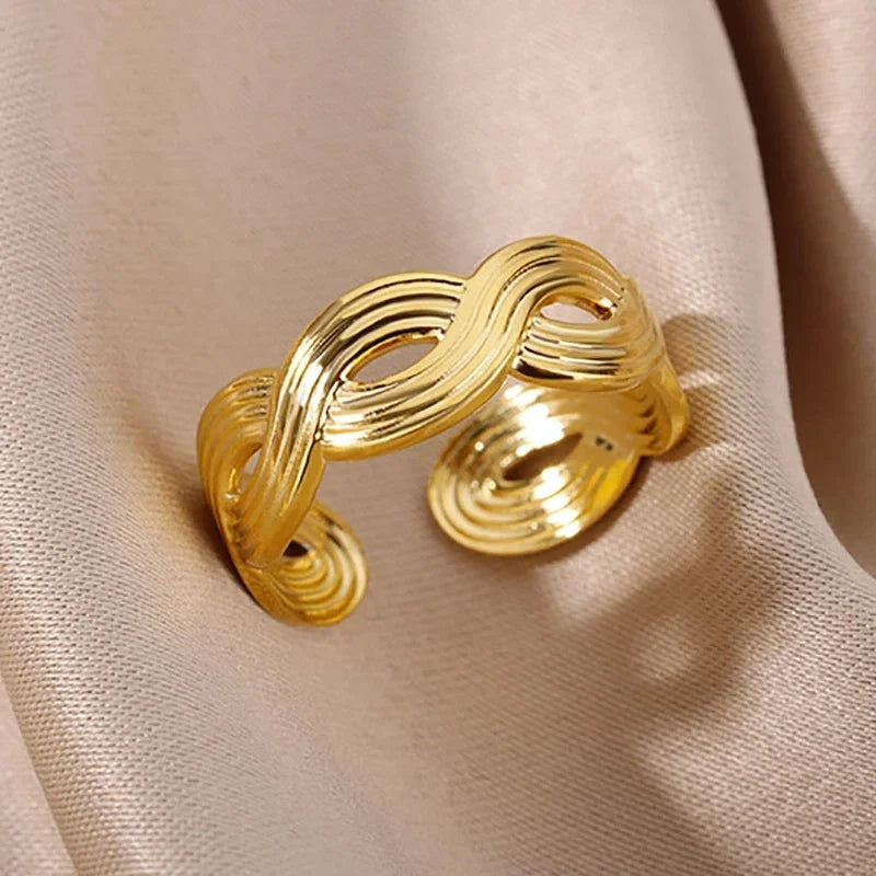 316L Stainless Steel Gold-Color Multilayer Geometric Open Ring