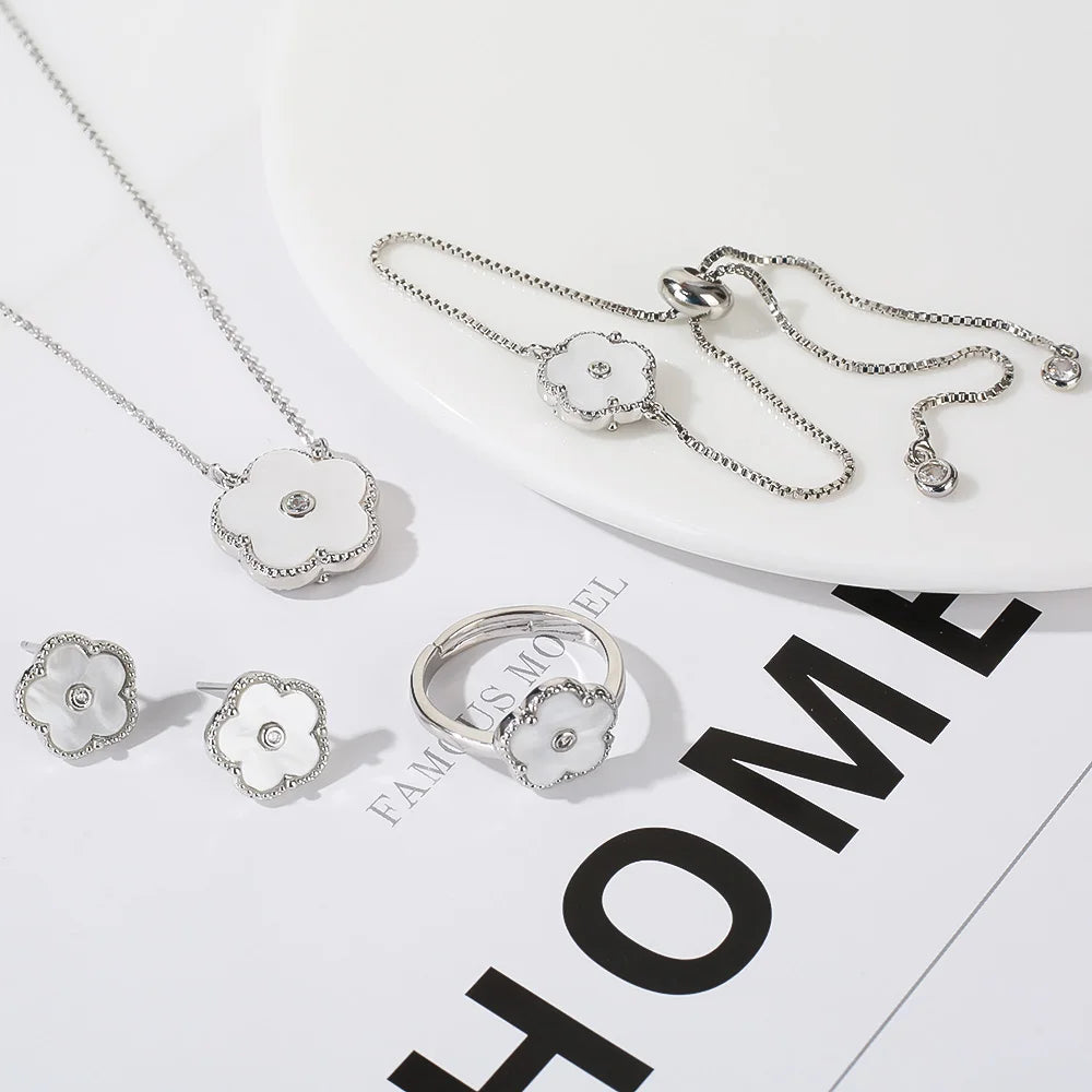 4pc Double-Sided Plum Blossom Jewelry Set Zircon New Hot Selling Plant Five Leaf Flower Women's High-Quality Clover