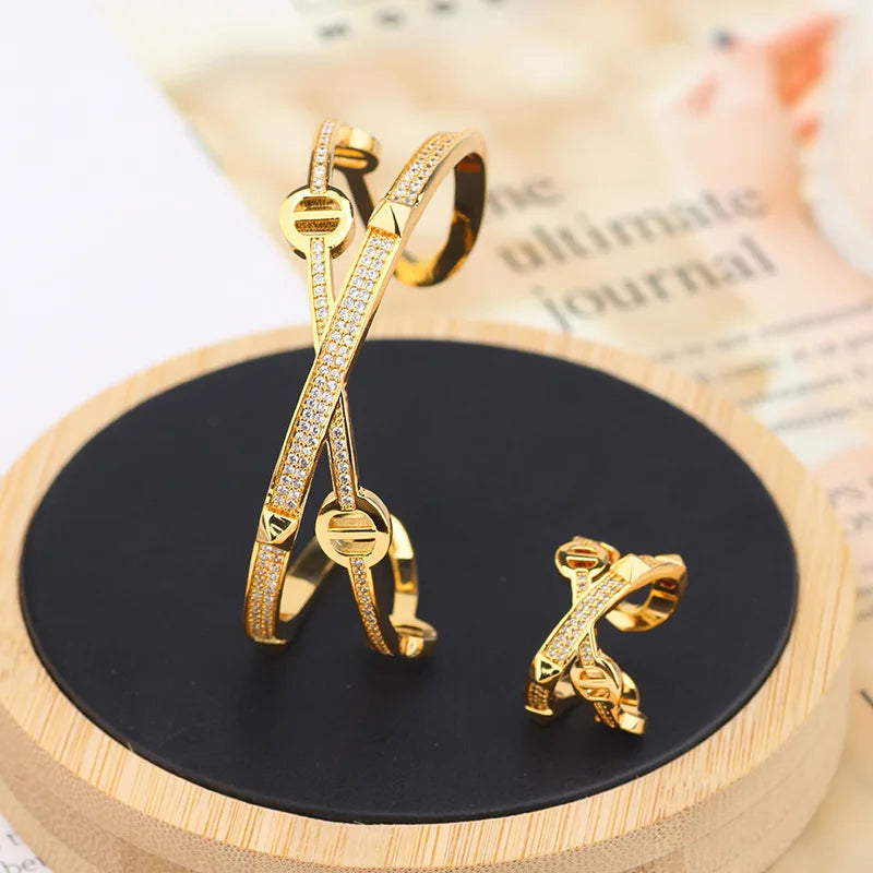 Fashion Luxury Punk Geometry Cubic Ziron Engagement Bridal Bracelet Statment Ring copper Lady Gift Jewelry