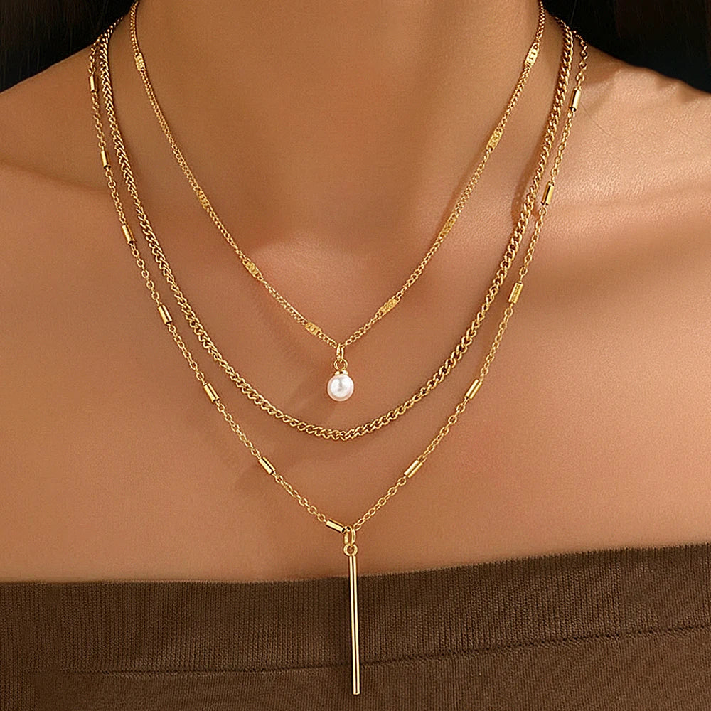 Retro Three-Layer Stainless Steel Necklace with Pearl Geometric Long Pendant Necklace Female Gift Bohemian Fashion Accessories