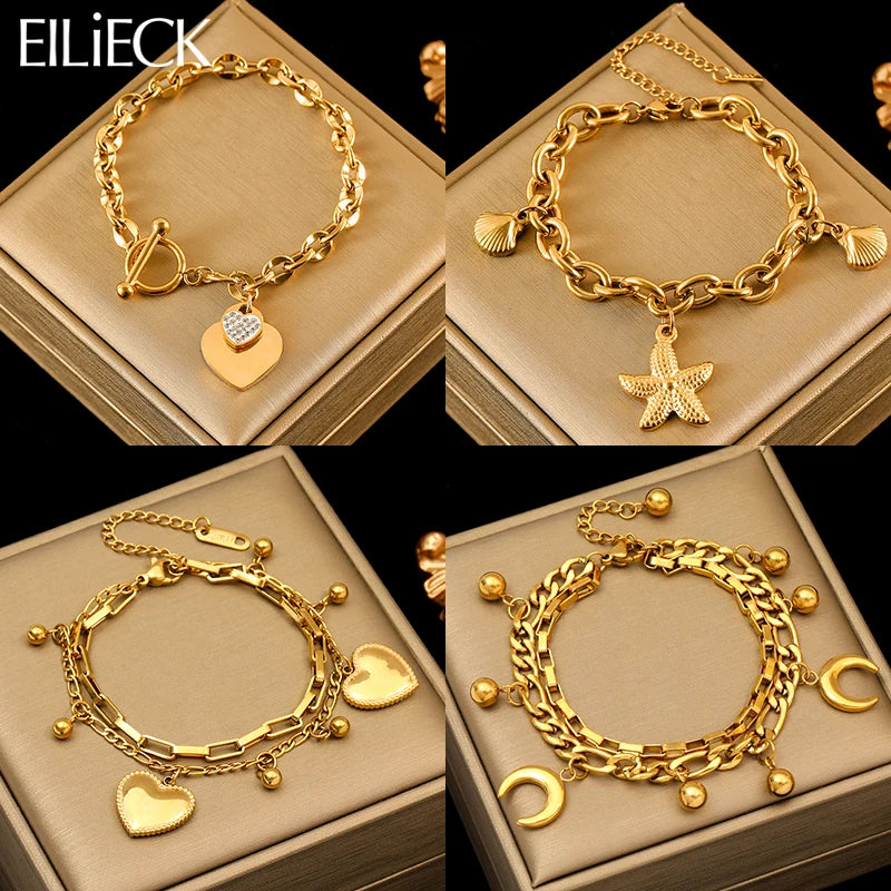 EILIECK 316L Acier inoxydable Couleur or Étoile de mer Lune Étoile Breloque Bracelet Pour Femme Nouvelle Chaîne de poignet tendance Bijou Cadeau Fête
