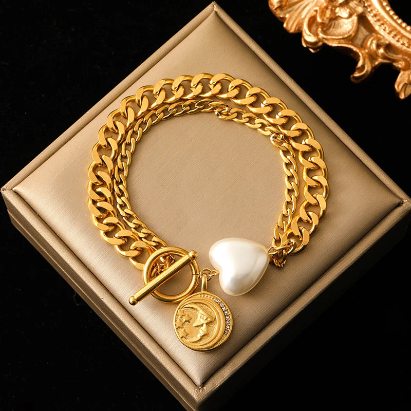 EILIECK 316L Stainless Steel Heart Sun Charm Bracelet Gold Color PVD Plated High Quality Waterproof Jewelry Hand Chain for Women