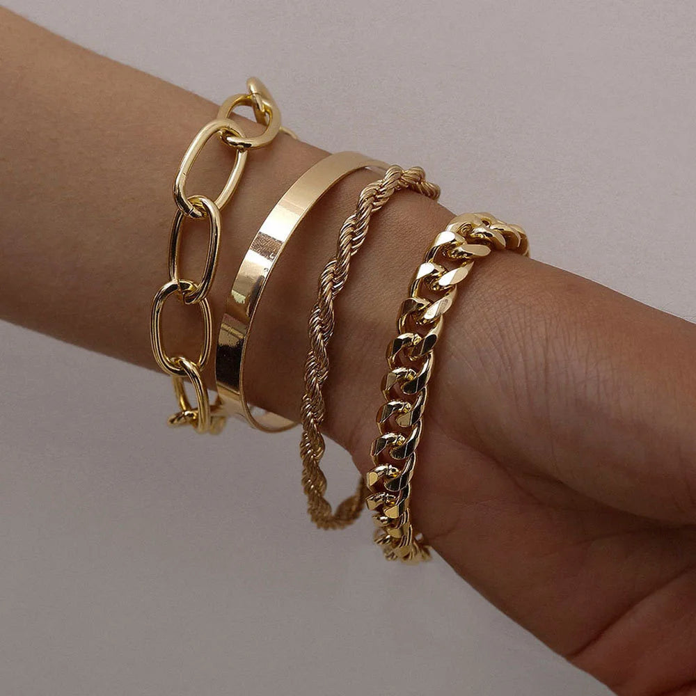 Simple Punk Chunky Chain & Dainty Boho Charm Bracelet Set, 4 Pcs/Set