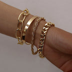 Simple Punk Chunky Chain & Dainty Boho Charm Bracelet Set, 4 Pcs/Set
