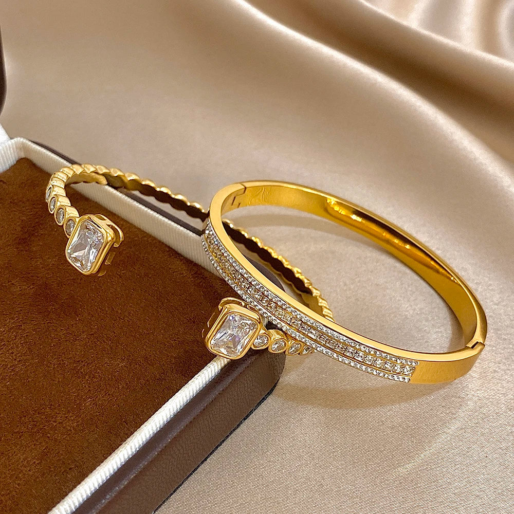 Stainless Steel Waterproof Shiny Zircon Geometric Stacked Cuff Bangle