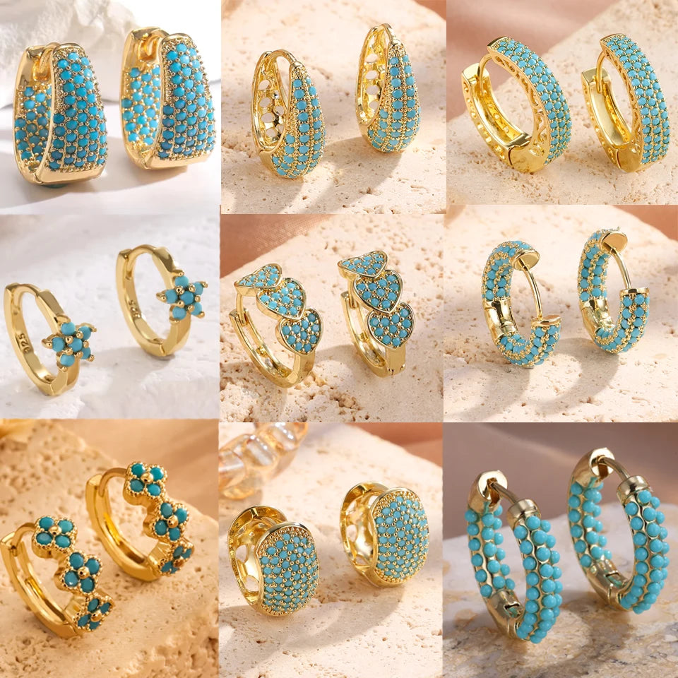 Luxury Gold-Color Plated Turquoise & Micro-Inlaid Blue Zircon Hoop Earrings