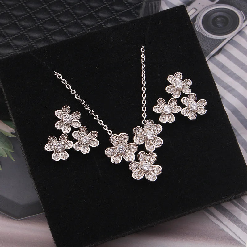 Fashion Luxury Flower Geometry Cubic Ziron Classic Charms Necklace Engagement Bridal Earring Jewelry copper Lady Gift