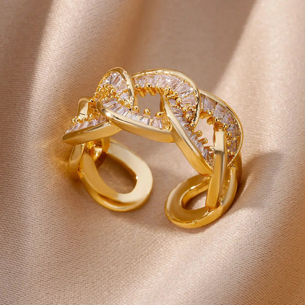Gold-Plated Stainless Steel Crystal & Geometric Chain Ring