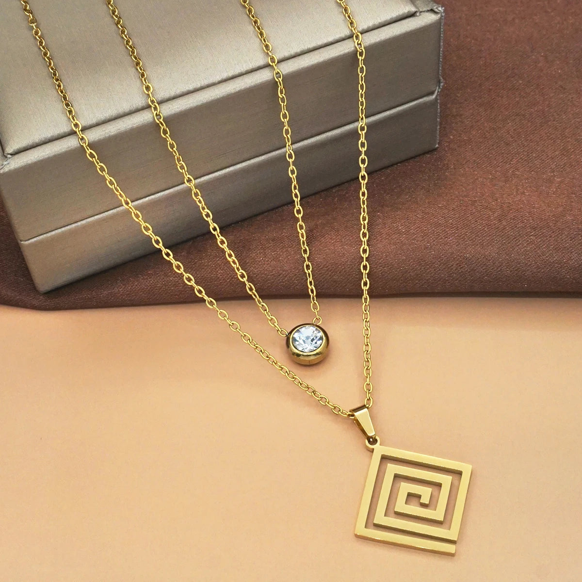 Women's Square Maze Double Layer Necklace Bracelet Earrings Jewelry Set, Birthday Valentine's Day Gift for Her, Perfect for Part