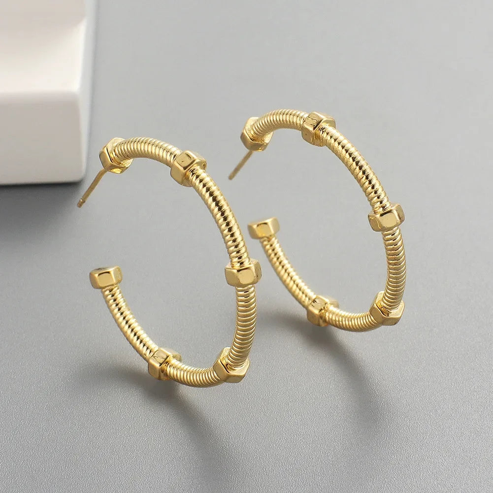 European And American Design SensibilityUnique Screw Cap C Shaped Earrings Women'sNiche Versatile Cold Wind Plated Gold Ear Circ
