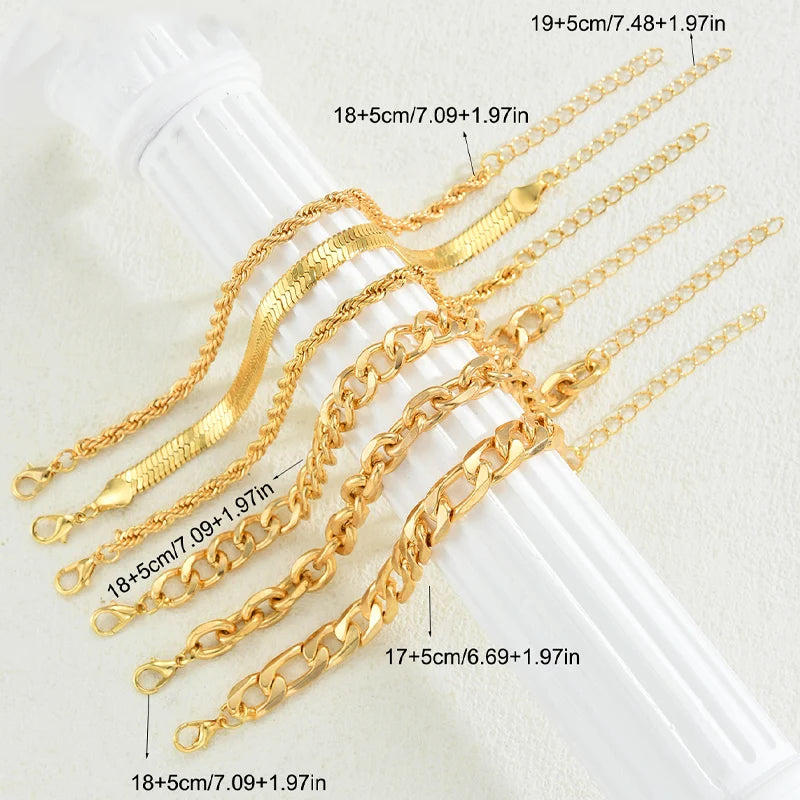 6Pcs Simple Punk Gold Chunky Multi-Layer Link Chain Bracelet Set