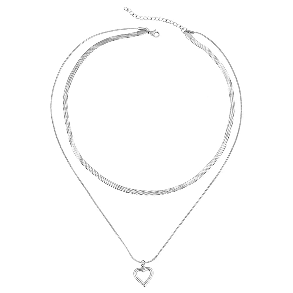 Stainless Steel Gold Layered Herringbone&Heart Pendant Necklace,Minimalist Dainty Style for Women, Daily Wear & Holiday Jewelry