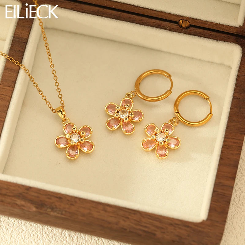 EILIECK Shiny Cubic Zirconia Flowers Luxury Necklace Earrings Gold Color Platinum Plated Temperament Waterproof Jewelry New