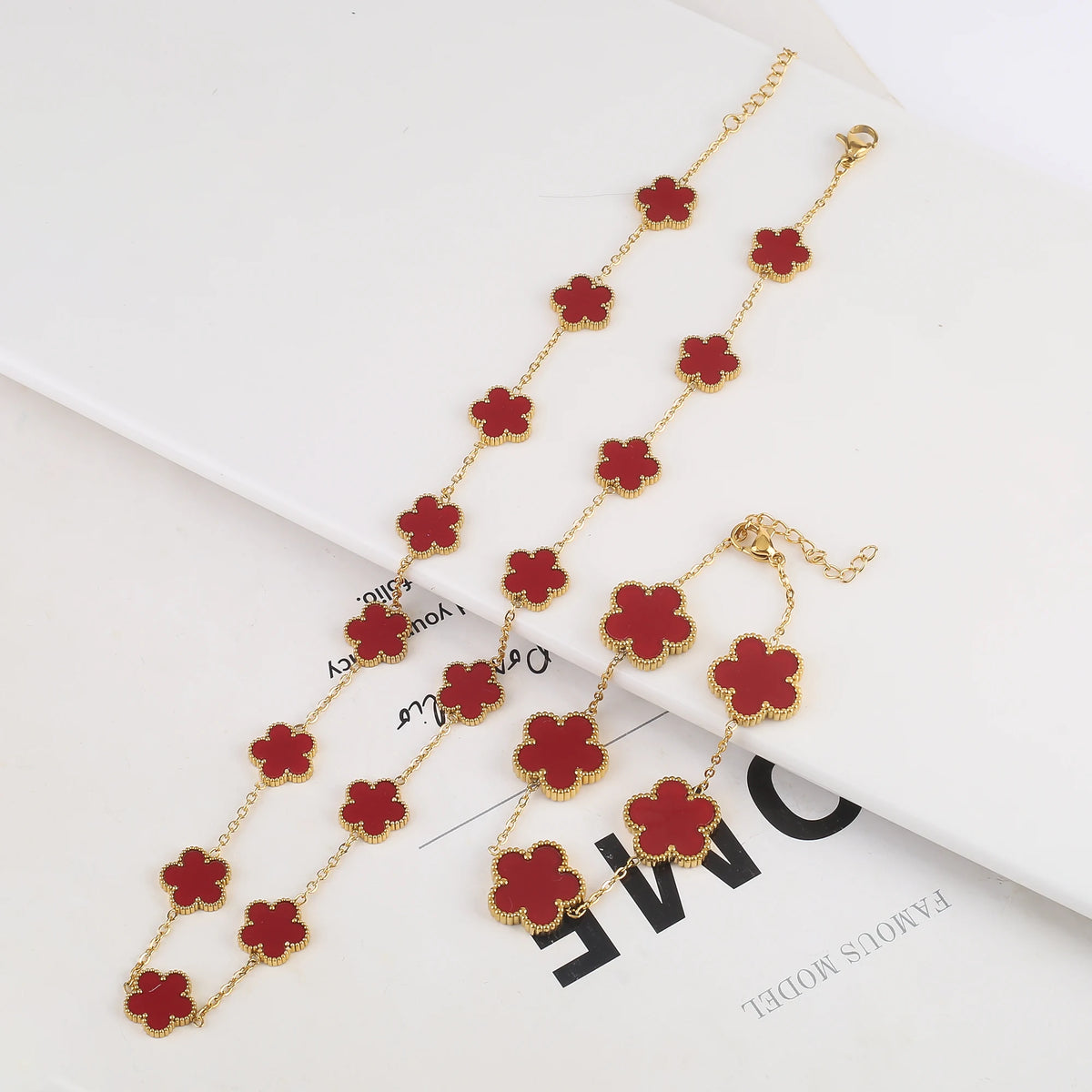 New Creative 4Pcs Stainless Steel Five Leaf Flower Bracelet Necklace Earrings Rings Set For Women Fashion Party Jewelry Clover