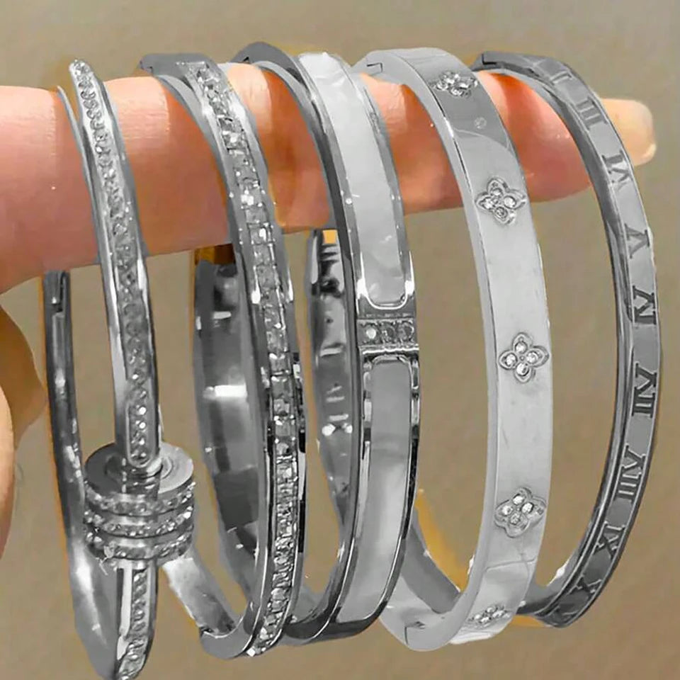Sparkling Zirconia-Inlaid Stainless Steel Stackable Bracelet Set