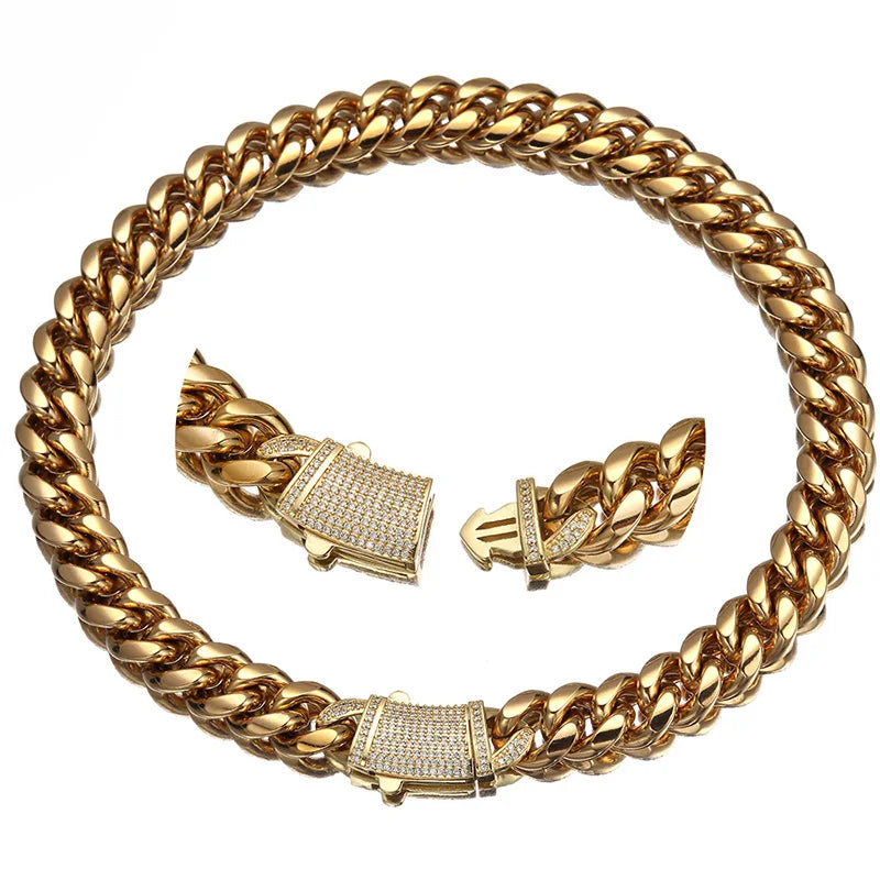 Gold Color Stainless Steel CZ Miami Cuban Chain Necklace