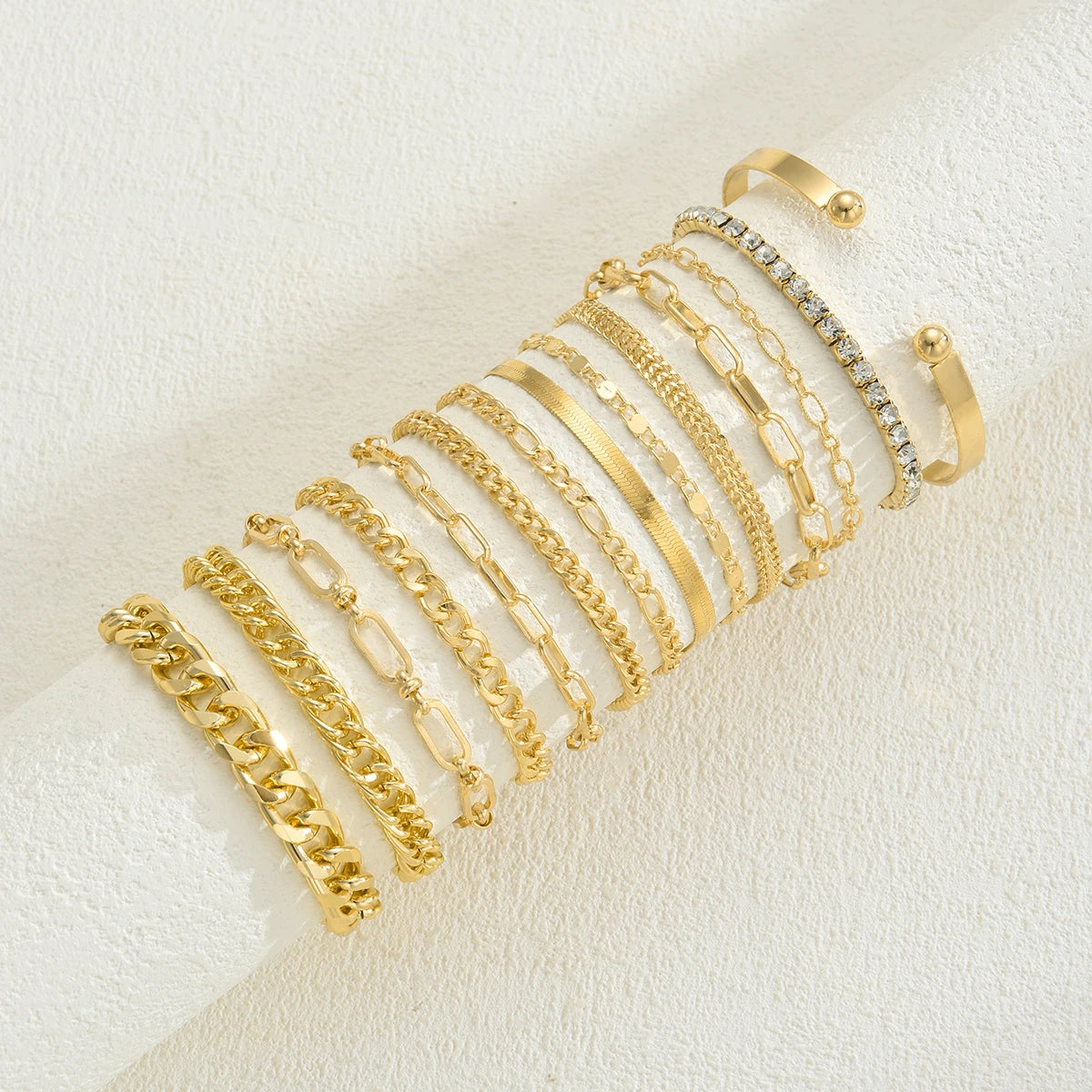 Elegant Minimalist Vintage Rhinestone & Twist Metal Chain Bracelet Set, 14 Pcs/Set