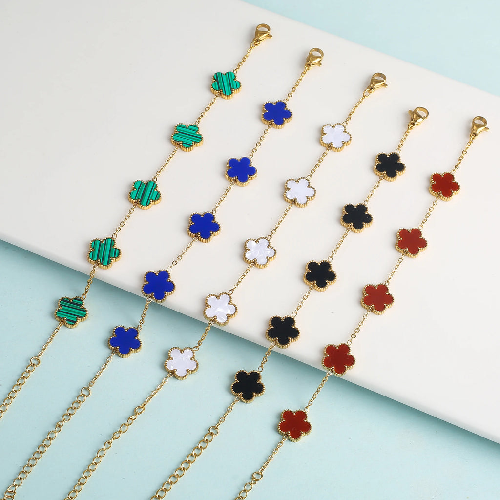 High Quality Hot Selling New Design Shell Acrylic Women's Stainless Steel Five Leaf Flower Jewelry Set That Does Not Fade Clover