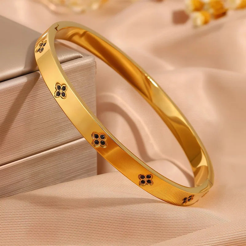 New 5-Piece Black Zircon Inlay Stainless Steel Stacking Bracelet Set