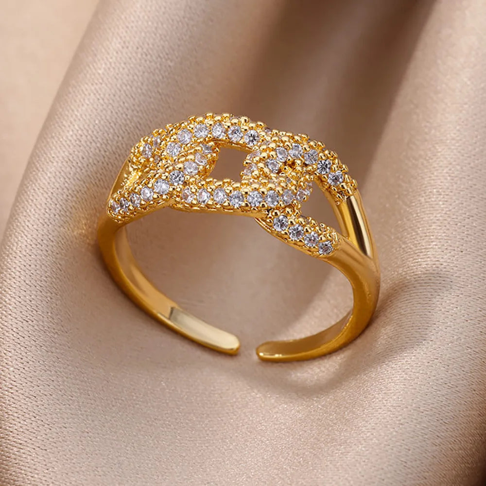 Gold-Plated Stainless Steel Crystal & Geometric Chain Ring