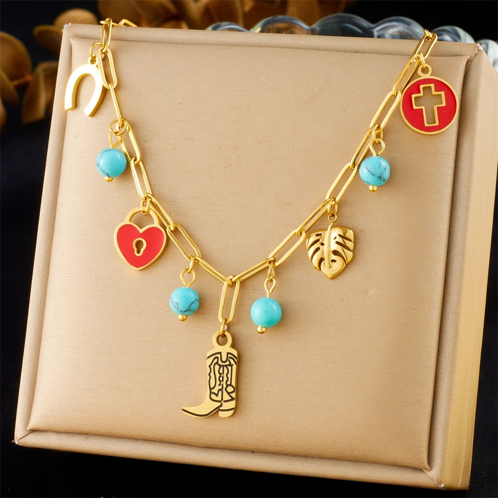 DIEYURO 316L Stainless Steel Golden Heart Sun Multiple Pendants Necklace Women New Fashion Marine Style Neck Chain Jewelry Gift