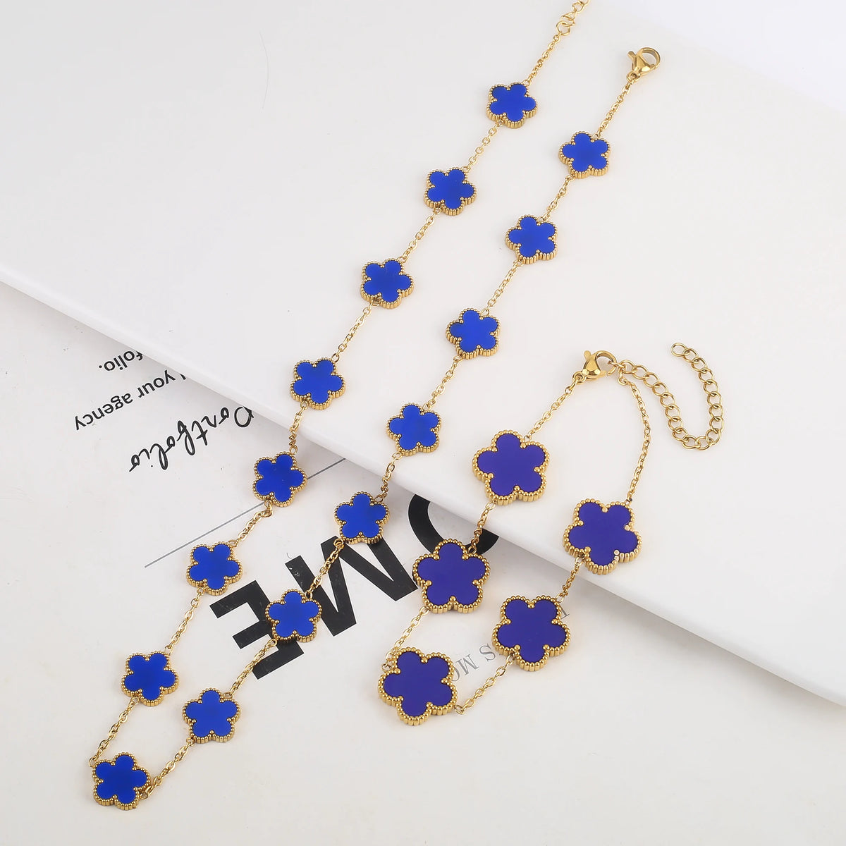 New Creative 4Pcs Stainless Steel Five Leaf Flower Bracelet Necklace Earrings Rings Set For Women Fashion Party Jewelry Clover
